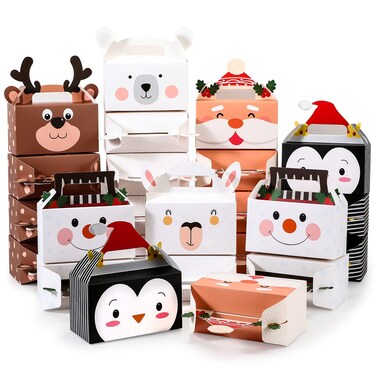 TaoBary Christmas Gift Boxes Christmas Treat Boxes Christmas Cookie Boxes for Gift Giving Santa Snowman Elk Alpaca Cardboard Gable Boxes with Handles for Xmas Holiday Party Favors Supplies(48 Pcs)