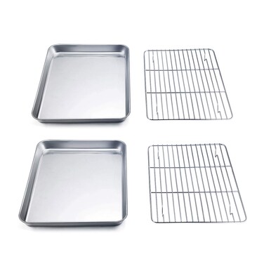 TeamFar 9'' x 7'' x 1'' Toaster Oven Pan with Rack Set of 4, Stainless Steel Compact Toaster Ovenware Pan with Cooling Rack, Healthy &amp; Heavy Duty, Easy Clean &amp; Dishwasher Safe, (2 Pans + 2 Racks)