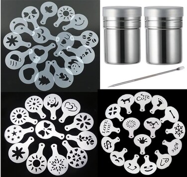 Magnoloran 44 Cookie Stencils+2 Mesh Powder Shakers+1 Coffee Latte Art Pen, Cake Stencils Coffee Decoration Stencils Coffee Art Templates Coffee Mold Tool for Christmas Thanksgiving Cake Coffee