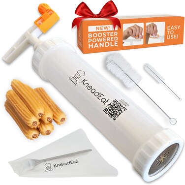 Churro Maker Kit with Booster-powered Handle. Churrera and Piping Bag Churros Filler. Easy QR-Recipe to Prepare and Fill Your Own Churros at Home - KneadEat Cookie press - Churro press.