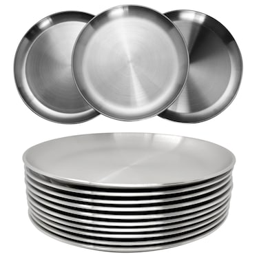 WANBY Stainless Steel Plates 9 inch Metal Lightweight Steel Plate Unbreakable Dinner Dishes Plates Set Non-Toxin Dishwasher Safe BPA Free and Healthy (10 Pcs)