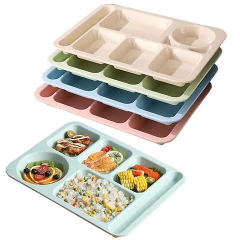 4Pcs Unbreakable Divided Plate,14inch Reusable Plastic Lunch Trays With 6 Compartments,Large Portion Control Plate Serving Meal Plate for Adults,Microwave &amp; Dishwasher Safe For Daily Use,4Colors