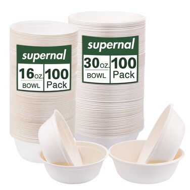 supernal 200pcs Disposable Soup Bowls, Paper Bowls Disposable, Eco-Friendly Bagasse Soup Bowls, Biodegradable Paper Bowls,100% Compostable Bowls Include 16oz[100pcs]&amp;30oz[100pcs] Heavy-Duty