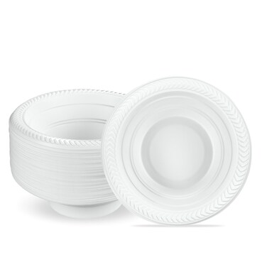 PLASTICPRO 100 PCS White Plastic Soup Bowls 12 oz Premium Quality Light Weight Dishes Disposable Plastic Bowls for Parties Weddings