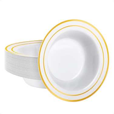 Goodluck 25 Pack Plastic Bowls with Gold Rim, 12oz Disposable Soup Bowls, Heavy Duty Dessert Bowls for Weddings, Parties, Dinners, Catering, Thanksgiving and Everyday Use