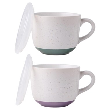 AmorArc Ceramic Soup Mugs with Lid, 32 oz Large Soup Cups with Hanlde for Coffee, Cereal, Salad, Noodles, Tea, Soup Bowls Cups, Microwave&amp;Dishwasher Safe, Set of 2 (Purple &amp; Green, 32oz - Set of 2)