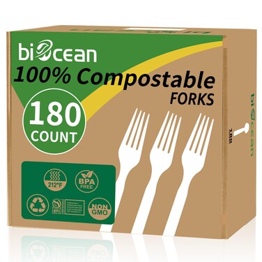 Biocean 100% Compostable Forks 180 Count Disposable Forks Utensils Set Heavy Duty Fork Silverware Eco Friendly Flatware for Party Camping Picnics Wedding-Ivory White