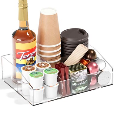 Neatsure Coffee Bar Station Organizer, Acrylic Countertop Holder for Coffee Pod Cup Condiment Stirrers Snack Tea, Coffee Bar Accessories, Decor and Essentials, Gift for Coffee Lovers, Clear