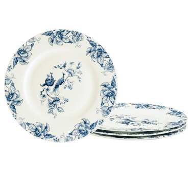 fanquare 8" Bone China Dessert Plates Set of 4, European Blue Floral Pasta Bowls Set, Porcelain Salad Plates for Soup, Microwavable Plates