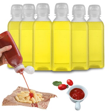 RAMFIYN Condiment Squeeze Bottles for Sauces 10oz With Flip Top, Hot Sauce Bottles With Caps For Oil, Camping Condiment Containers BBQ Sauce, Oil Bottles- 6 pcs, 10oz