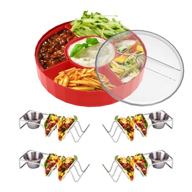 Taco Tuesday Kit, Taco Tuesday Complete Taco Serving Set, Taco Bar Serving Set for a Party with 4 Taco Holders, Detachable Rotatable Lazy Susan Tray，Unique Couple &amp; Housewarming Gift Set Ideas (Red)