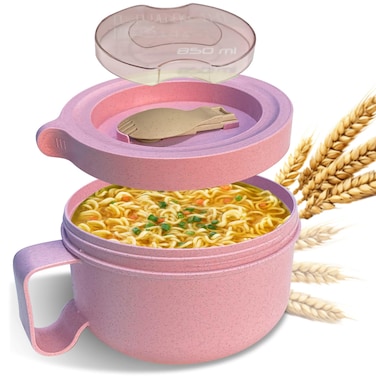 Souper Duper Ramen Bowl Set with Utensil &bull; Microwave, Serve &amp; Eat Noodles in the Same Soup Bowl &bull; Grab-and-Go Leak Proof Lid &bull; Easy to Clean &bull; Freezer Safe &bull; For Dorm, Office, Home (Style B, Pink)