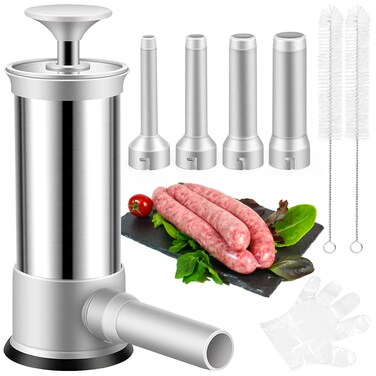 ROSROSE Sausage Stuffer Machine w/4 Stuffing Tubes, Meat Stuffer Sausage Filling, Homemade Manual Vertical Sausage Maker Tool Kit for Household Kitchen, 2.2 LBS Large Capacity