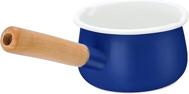 YumCute Home Enamel Milk Pan with Dual Pour Spout Butter Warmer Milk Pot for Stove Top Healthy White Enameled Inside Coating Iron 1QT Small Soup Pot with Wooden Handle Handy Pot (Blue)
