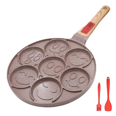 RANX INGST Ceramic Pancake Pan Induction, Nonstick Pancake Griddle with Detachable Handle, 7 Hole Smiley Face Pancake Mold Mini Pancake Maker - Brown