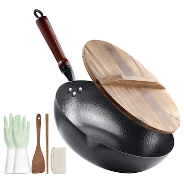 BIELMEIER Wok Pan 12.5", Stir Fry Pan with Lid, Gloves &amp; Cookware Accessories, Carbon Steel, Suitable for All Stoves (Flat Bottom)