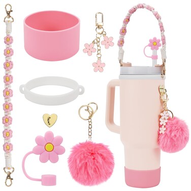 Stanley Cup Accessories Set Including 1 Pcs Water Bottle Handle Strap, 1 Pcs Siliocne Stanley Cup Boot, 1 Pcs Siliocne Straw Cover, 2 Pcs Stanley Charms for Stanley Cup 40oz &amp; 30oz Tumbler (Pink)&hellip;