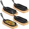 Yiyiring 4 Pcs Cast Iron Fajita Skillet Pan Set Sizzling Steak Plate with Wooden Base and Removable Handle Cast Iron Grill Frying Pan for Home Restaurant Kitchen Cooking (8.66 x 4.33 Inch)