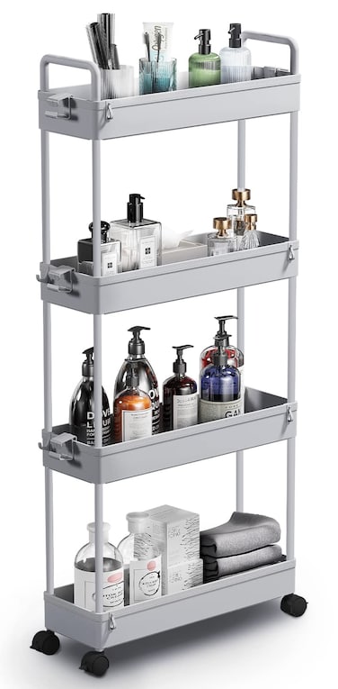 SOLEJAZZ Slim Storage Cart, 4 Tier Bathroom Organizer Mobile Shelving Unit, Rolling Utility Cart Slide Out Organizer for Kitchen, Bathroom, Laundry, Narrow Places, Gray