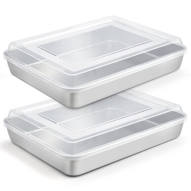 TeamFar Lasagna Pan, 12⅖&rsquo;&rsquo; x 9&frac34;&rsquo;&rsquo; x 2&rsquo;&rsquo; Stainless Steel Rectangular Cake Brownie Baking Pan with Lid, Non-Toxic &amp; Heavy Duty, Brush Surface &amp; Deep Side, Dishwasher Safe-2 Pans+2 Lids