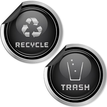 Trash and Recycle Magnets for Kitchen Cans and Recycling Bins, Dual Trash and Recycle Magnet for Garbage Cans, 4 Silver Round Magnetic Sticker, 2.75 x 2.75 Inch Home Outdoor Waste Bin