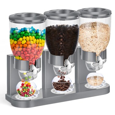 Umigy 1 Pack Triple Indispensable Dry Food Dispenser Cereal Container Candy Dispenser Machine for Storage Preserving Dispensing Kitchen Rice Nuts Granola Snack Gumball Countertop (Gray)