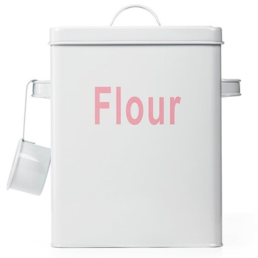 Youeon 200 Oz/25 Cup Metal Flour Storage Container with Airtight Lid and Measuring Scoop, Square Flour Canister with Handle, White Flour Canister for Kitchen Counter, Farmhouse Decor
