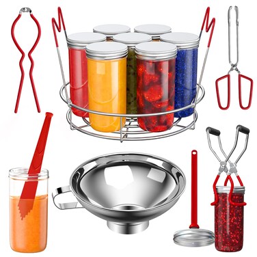 Pisol Canning Supplies Starter Kit, 7 Piece Canning Tools Set with Stainless Steel Rack, Wide Mouth Funnel, Kitchen Tongs, Jar Lifter, Magnetic Lid Lifter, jar Wrench, Bubble Popper