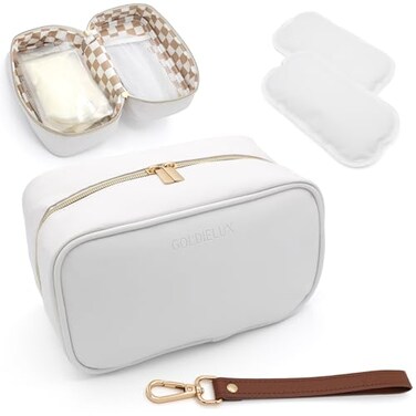 Breast Milk Cooler Travel Bag - Waterproof Breastmilk Storage Bag Cooler w/Ice Pack, Checkerboard Interior, Leather Strap, &amp; More &ndash; Versatile Insulated Cooler Bag - Ideal Baby Travel Essentials