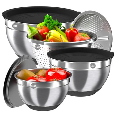 Mixing Bowls with Airtight Lids, Stainless Steel Mixing Bowl Set with 3 Metal Nesting Bowls, Colander &amp; Grater, Non-Slip Bottoms, Size 1.5, 2.5, 6 QT, Great for Mixing &amp; Serving, Black