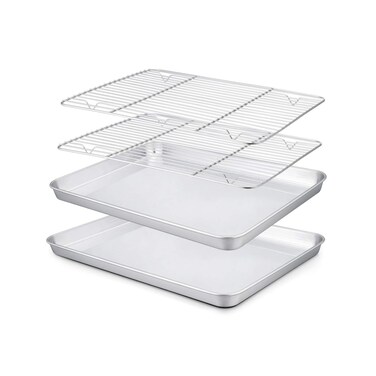 TeamFar 10.5&rsquo;&rsquo; x 8&rsquo;&rsquo; x 1&rsquo;&rsquo; Toaster Oven Pan with Rack Set, Small Baking Pans Tray Stainless Steel with Cooling Rack Set of 4, Non-Toxic &amp; Heavy Duty, Mirror Finish &amp; Dishwasher Safe