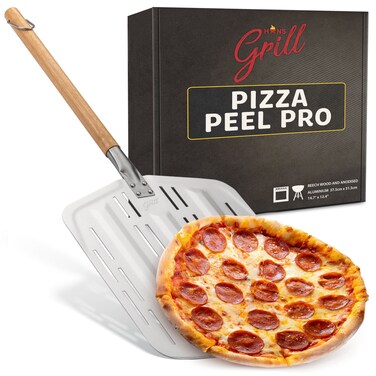 Hans Grill Pizza Peel PRO   Made for XL Pizza 12 inch +   Professional Restaurant Grade Perforated Metal Non-Stick Paddle for launching, turning and retrieving pizzas