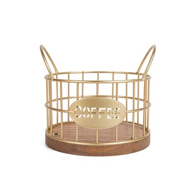 Fving Coffee Pod Holder for Counter, K Cup Holders Coffee Pods Storage Organizer,Coffee Bar Basket with Wooden Base for Kitchen Office Desktop (Gold)