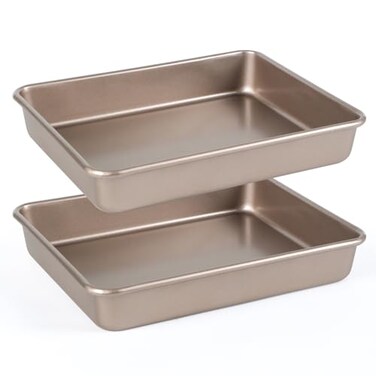 Barlket Nonstick Rectangle Cake Pan, 9x11 Inch Baking Pan, Deep Lasagna Pan, Bread Pan Toaster Oven Tray Bakeware, Heavy Duty Baking Sheet Pans, 11x9x2 Inch, Pack of 2, Gold, Easy Release