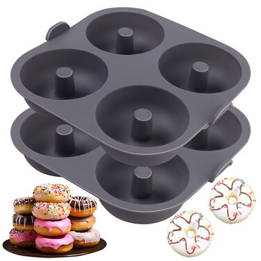 Silicone Doughnut Molds for Air Fryer, Set of 2, 8-Cavity Non-Stick Donut Pans with Carrying Handle, Doughnut Bagel Baking Tin for Muffins Cake, Dishwasher Safe, Grey
