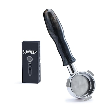 SUVYKEP 54mm Bottomless Bare Filter, 54mm Bottomless Filter, Personalized Resin Coated Stabilized Wood Handle - Compatible with Breville 54mm Coffee Maker, Includes Filter Basket (Black Handle)