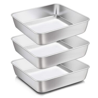 E-far 8 x 8-Inch Baking Pan, Square Cake Brownie Baking Pans Stainless Steel Bakeware Set of 3, Fits in Small Toaster Oven, Non-toxic &amp; Dishwasher Safe