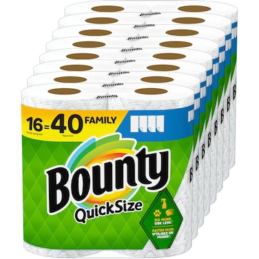 Bounty Paper Towels Quick Size, White, 16 Family Rolls = 40 Regular Rolls