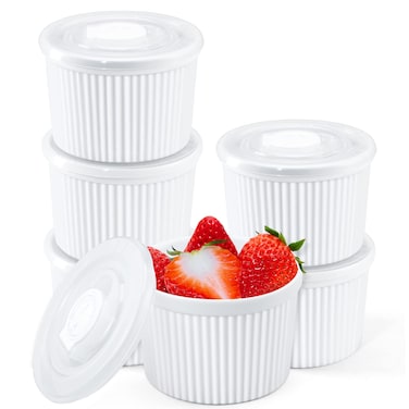 Yedio 8 oz Ramekins with Lids Oven Safe, Porcelain Creme Brulee Souffle Dishes with Covers for Baking, White Custard Cups Stackable, Set of 6