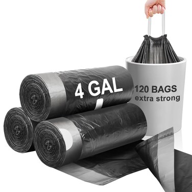 Small Trash Bags Drawstring 120 Count, JUKFITA Extra Strong 4 Gallon Garbage Bags, Unscented Trash Can Liners fit Bathroom Kitchen Office, Dark Black