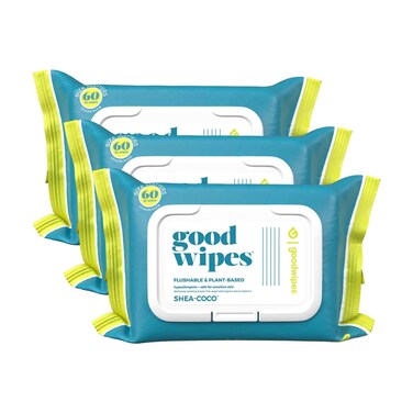 Goodwipes Flushable Butt Wipes Made with Vitamin E &amp; Aloe - Soft &amp; Gentle Wet Wipe Dispenser for Home Use, Septic &amp; Sewer Safe - Largest Adult Toilet Towelettes - Shea Coco, 180 Count (3 Packs)