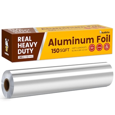 Katbite Aluminum Foil Roll, Heavy Duty 12inx150ft, 30 Micron Thick Strong Foils Aluminum Roll with Cutter for Home Cooking, Catering, Grilling,150Sqft