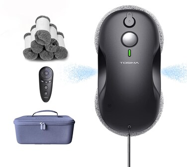Tosima W3 Window Cleaning Robot - Dual Direction Auto-Spray Smart Window Cleaner with Triple Safety System, Smart Navigation, Remote Control, for All Smooth Surfaces, with 12 Rags, Black