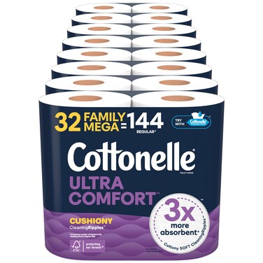Cottonelle Ultra Comfort Toilet Paper with Cushiony CleaningRipples Texture, 32 Family Mega Rolls (32 Family Mega Rolls = 144 Regular Rolls) (8 Packs of 4), 296 Sheets per Roll