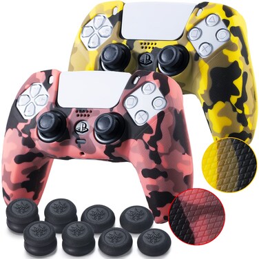 YoRHa Grip Texture Silicone Skin for PS5 Controller x 2(Print Coral+Yellow) with Pro Thumb Grips x 8