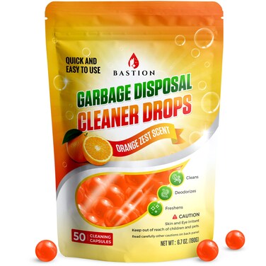 Garbage Disposal Cleaner and Deodorizer Drops- [[50-Count]] Orange Zest Scented Kitchen Sink Freshener Pods &amp; Drain Odor Eliminator Disposer Care Balls by Bastion