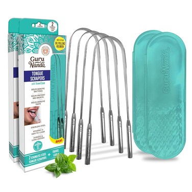 GuruNanda Tongue Scraper for Adults (4-Pack) with Travel Case, 420 Medical Grade Stainless Steel, Aids in Fresh Breath &amp; Oral Care - Travel-Friendly