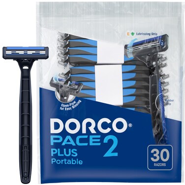 Dorco Pace 2 Plus Disposable Razor 2 blades Pivoting Head Open-Flow No Clogging Easy Rinsing with Lubricating Strip and Long Non-Slip Rubber Handle (30ct Rubber Handle)