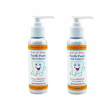 Kids Natural Fluoride Free Toothpaste by BALM! Baby &ndash; Childrens Toothpaste in Pump Bottle, SLS Free Toothpaste with Xylitol, VEGAN Gluten Free, BPA Free, Zero Waste Children&rsquo;s Teeth Paste (2PK Orange)
