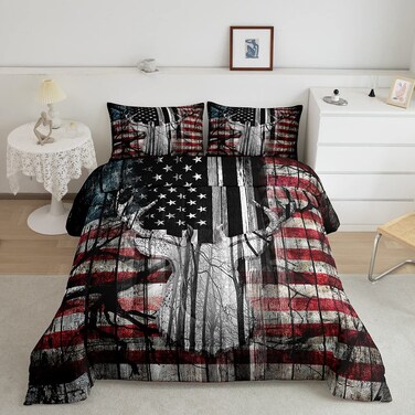 Feelyou American Flag Deer Antlers Bedding Set Hunting Camping Comforter Set for Kids Boys Girls USA Flag Comforter Tree Branch Inner Fill Duvet Set 1 Comforter Set with 1 Pillowcase Twin Size